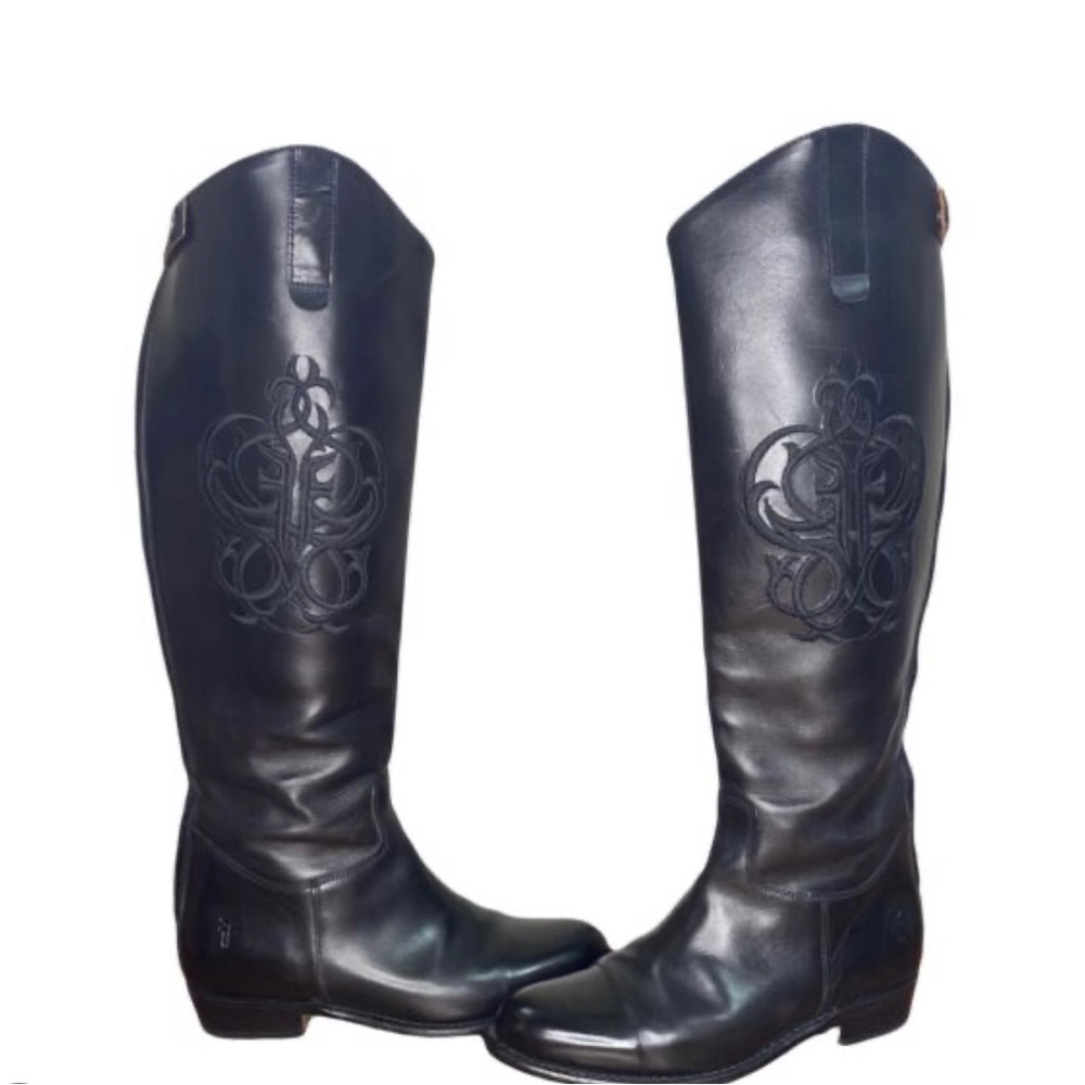 FRYE BLACK Ruding Boots Embroidered medallion Made in Spain Like new